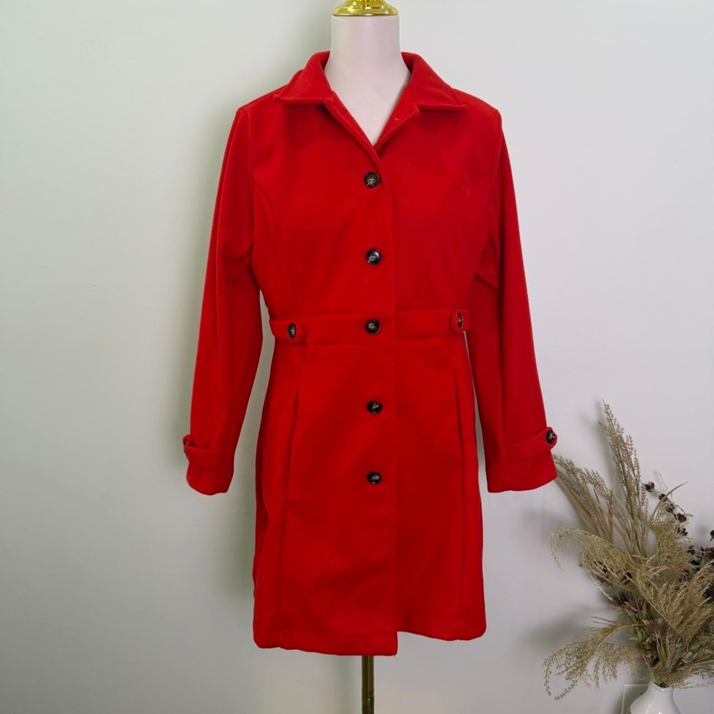 Classic Red Button-Front Trench-Style Dress Coat Size Medium
